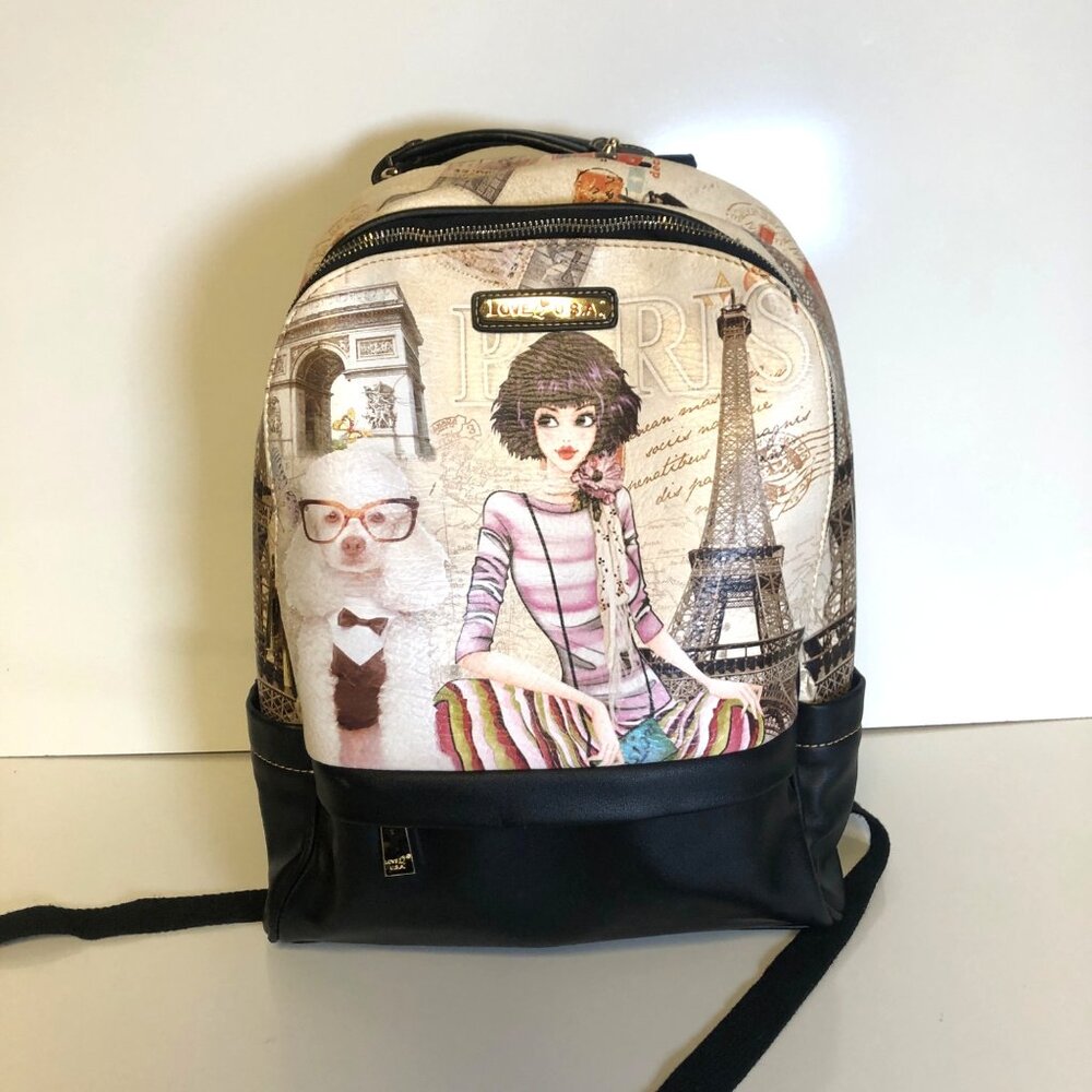 Love Q USA Paris Print Backpack Laptop Pocket Girl Dog Illustration
